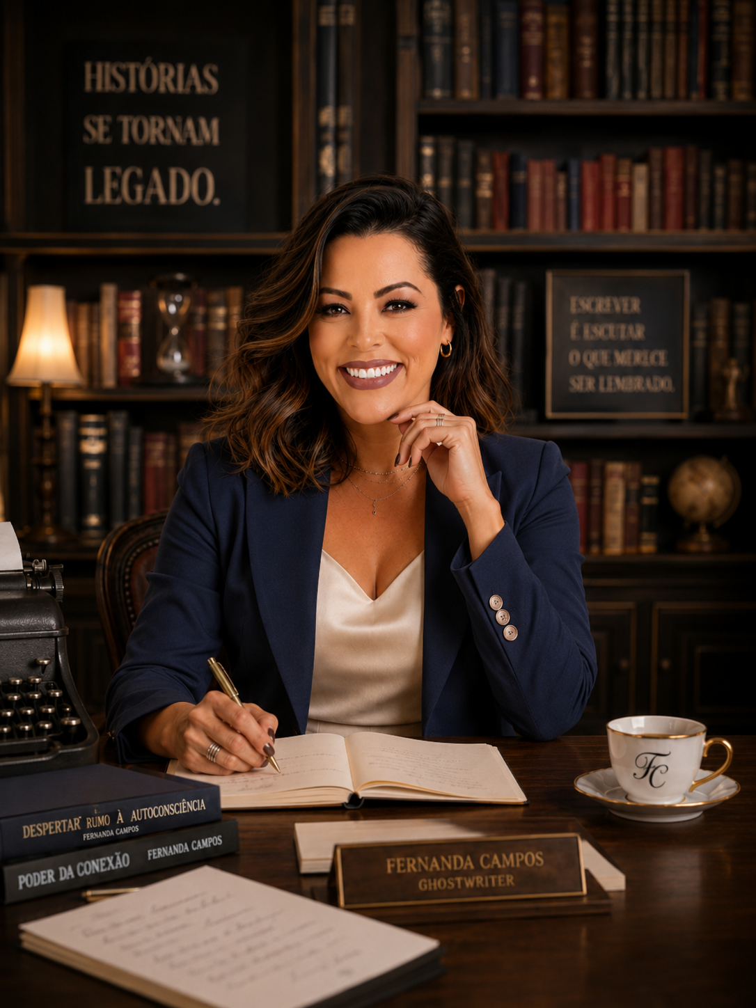 Fernanda Campos escrevendo em uma biblioteca, com seus livros sobre a mesa